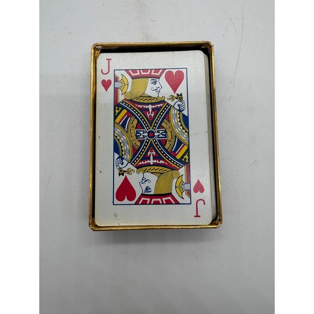 Vintage Eastern Deck of Playing Cards w/ Ornate Gold Trim Case & Signed Jokers